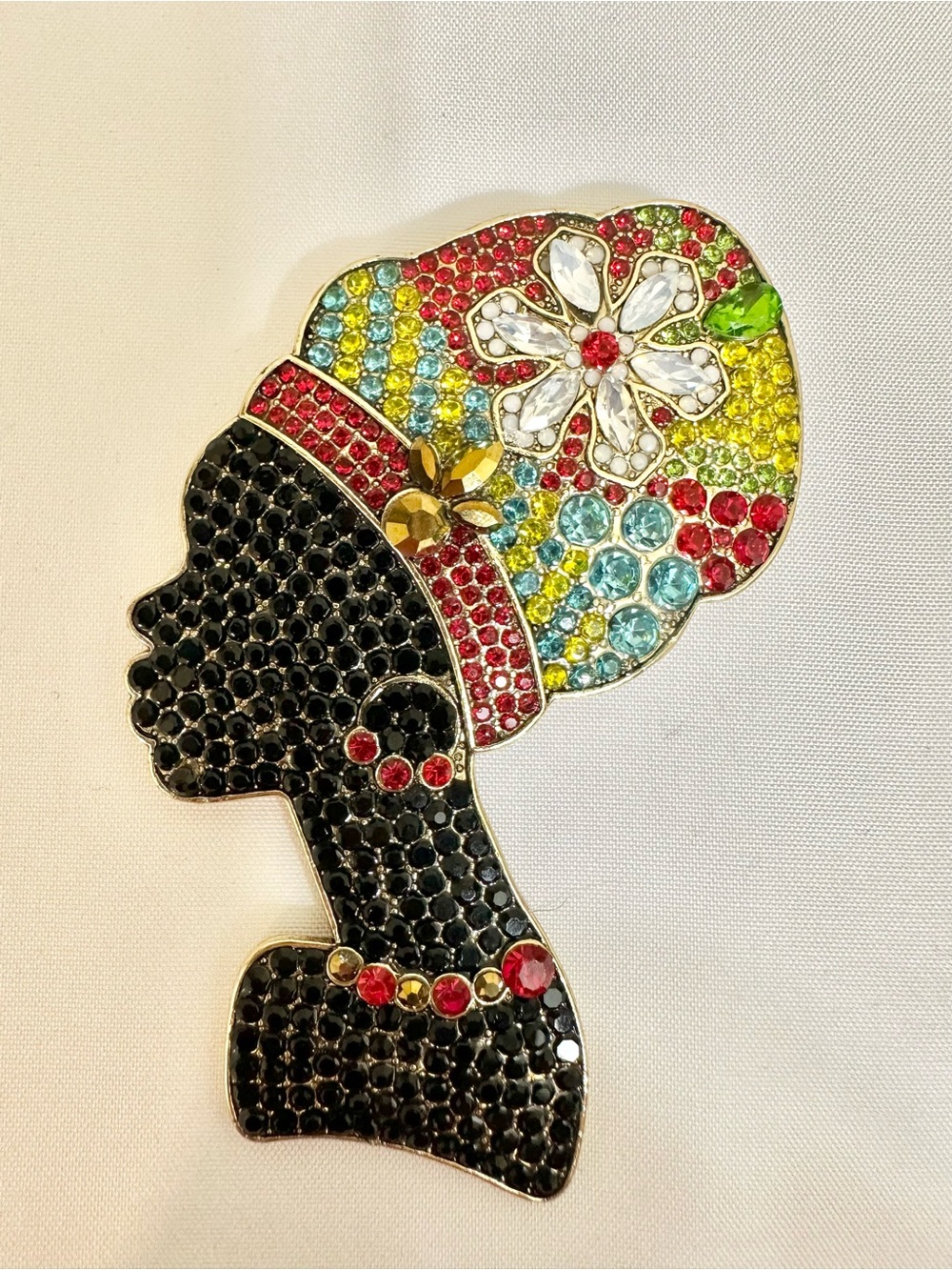 African Woman Silhouette Headwrap Brooch with Multicolor Crystal Accents